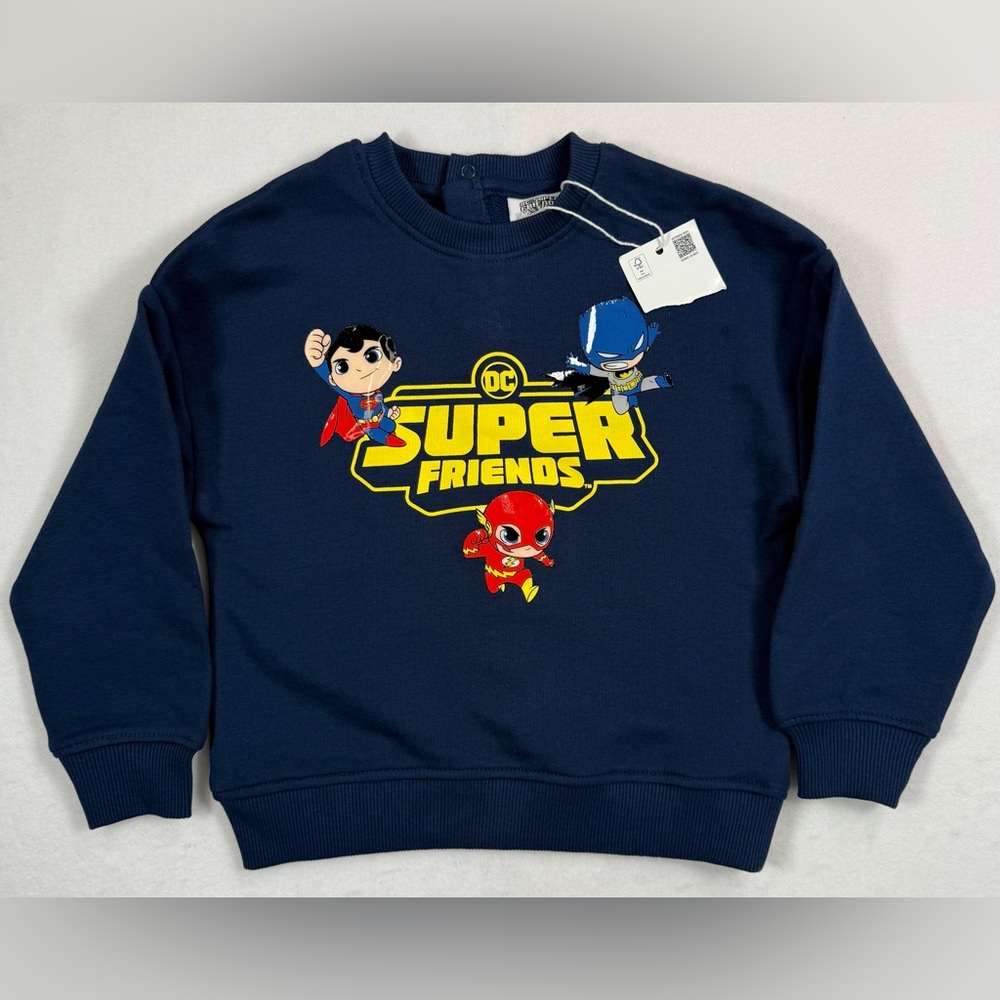 NWT DC SUPERFRIENDS Boys Superhero Sweatshirt 2T Navy Superman Flash Batman New‎